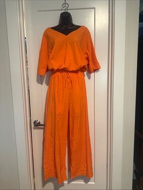 Women's Orange Wide-Leg Jumpsuit with V-Neck